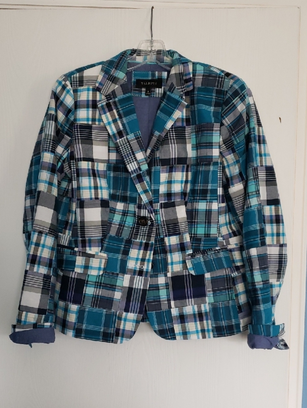 Talbots Blue Teal Plaid Cotton Blazer